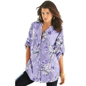 Roaman’s Floral Pintuck Tunic Blouse Lavender Plus Size 34W Roll Tab Sleeves
